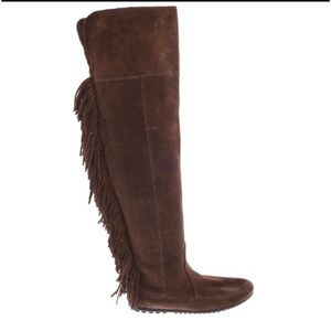 New Minnetonka Tall Leather Suede Brown Fringe Tall Moccasin Boots Size 5